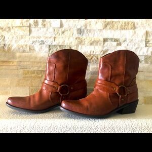 Franco Sarto Genuine Leather Western Short Harness Cowgirl Boots Cognac brown